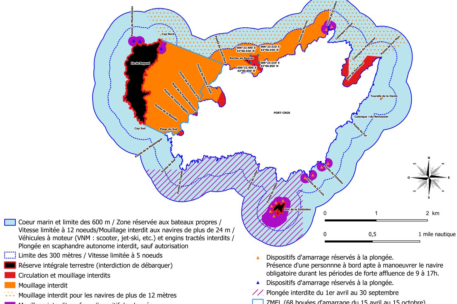 2024 – Carte de réglementation des activités nautiques autour de l’île de Port-Cros