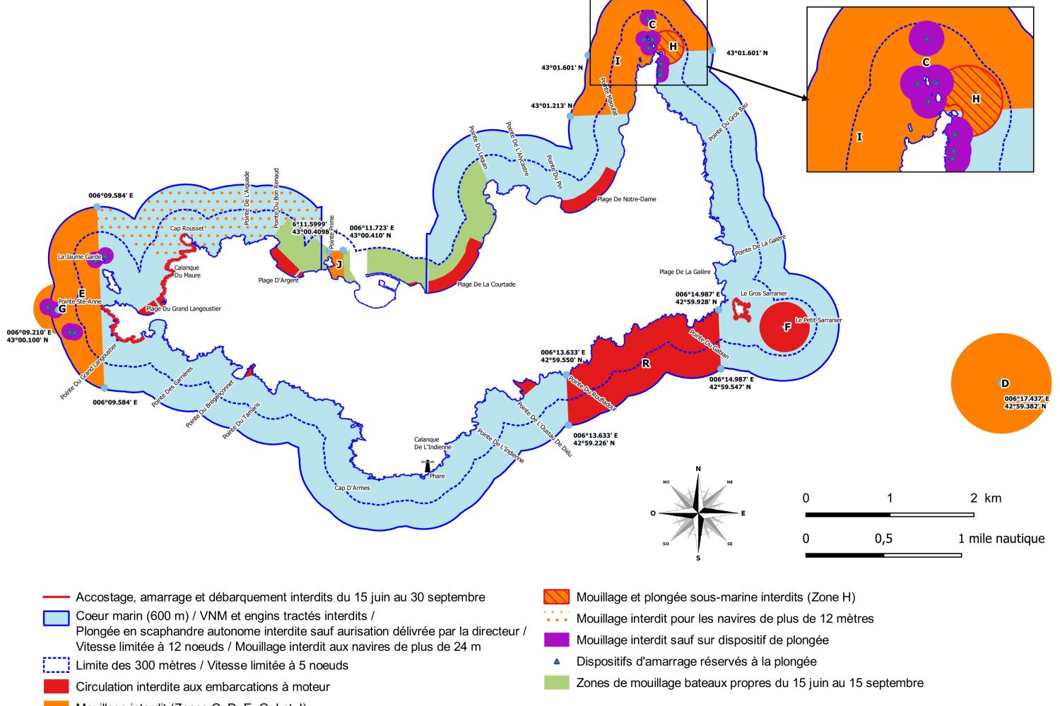 2024 – Carte de réglementation des activités nautiques autour de l’île de Porquerolles